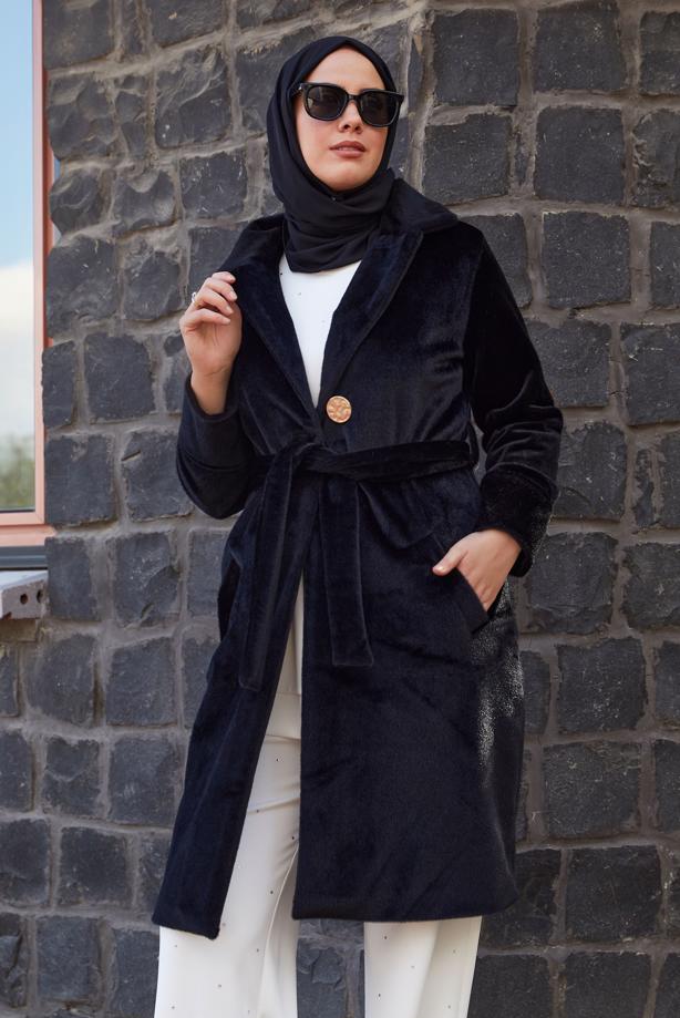 Hijab clothing BLACK BELTED COAT T 5426 - TRENDTESETTÜR