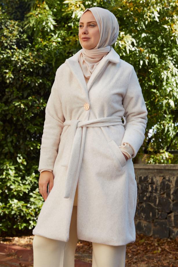 Hijab clothing CREAM BELTED COAT T 5426 - TRENDTESETTÜR