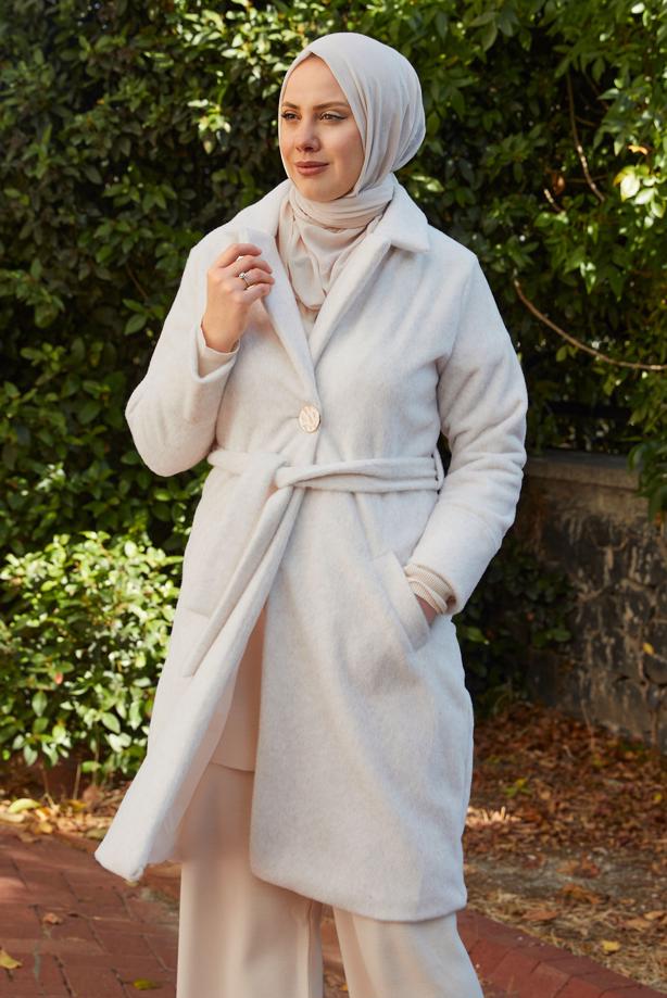 Hijab clothing CREAM BELTED COAT T 5426 - TRENDTESETTÜR