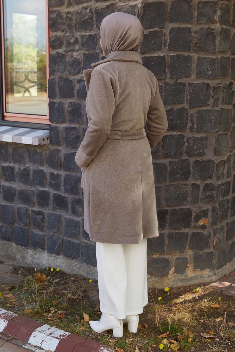 Tesettür giyim VİZON KUŞAKLI KABAN T 5426
