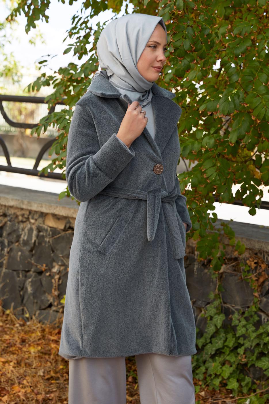 Tesettür giyim GRİ KUŞAKLI KABAN T 5426