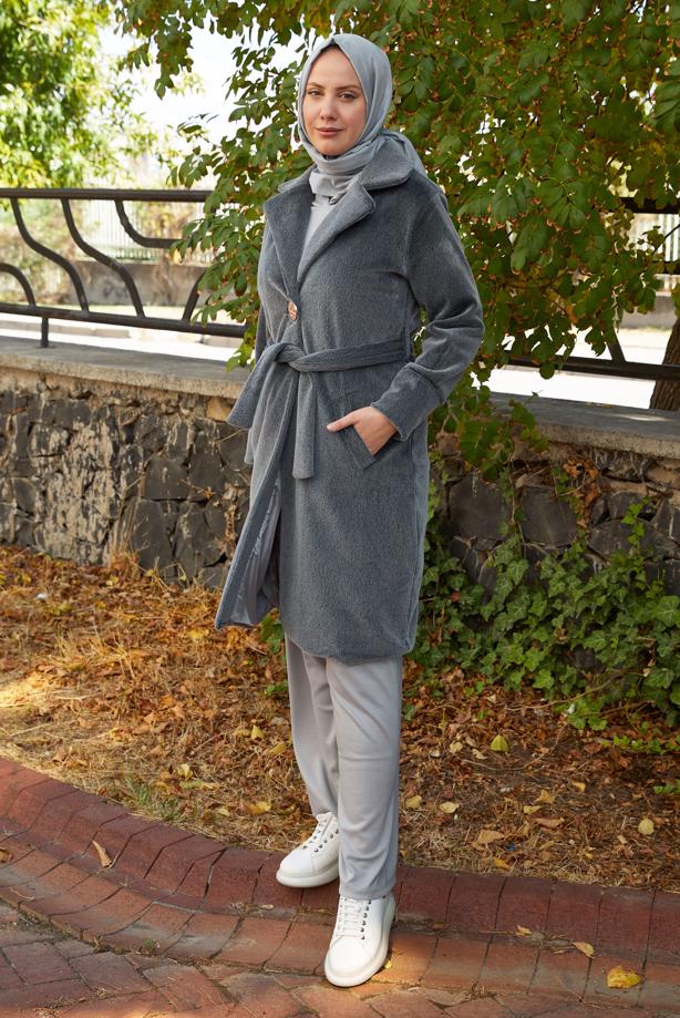 Hijab clothing GREY BELTED COAT T 5426 - TRENDTESETTÜR