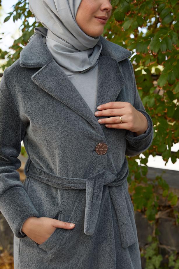 Hijab clothing GREY BELTED COAT T 5426 - TRENDTESETTÜR