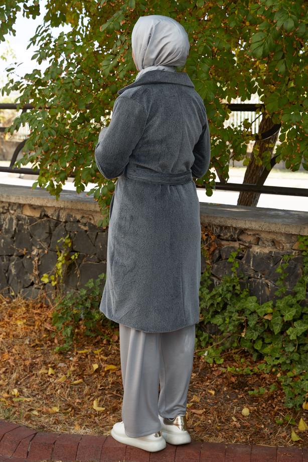 Hijab clothing GREY BELTED COAT T 5426 - TRENDTESETTÜR