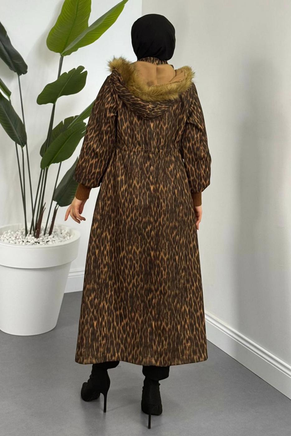 Tesettür giyim KAHVE LEOPAR DESENLİ KABAN T 5626