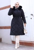 Tesettür giyim SİYAH KAPÜŞONLU ŞİŞME KABAN T 6307