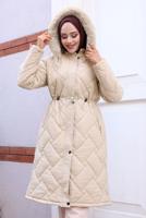 Tesettür giyim EKRU KAPÜŞONLU ŞİŞME KABAN T 6307