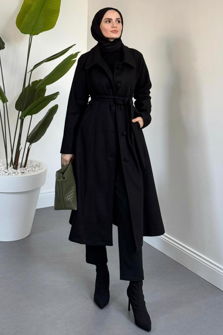 Tesettür giyim SİYAH KUŞAKLI KABAN T 6326