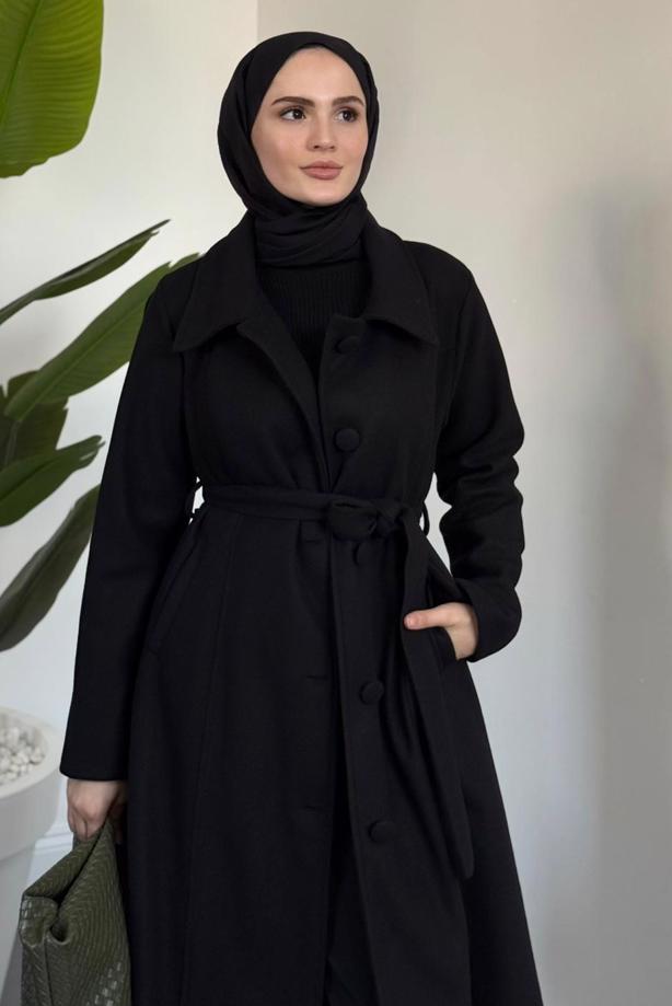 Tesettür giyim SİYAH KUŞAKLI KABAN T 6326 - TRENDTESETTÜR