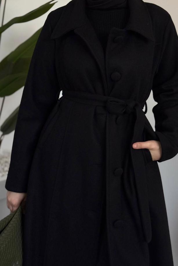 Tesettür giyim SİYAH KUŞAKLI KABAN T 6326 - TRENDTESETTÜR