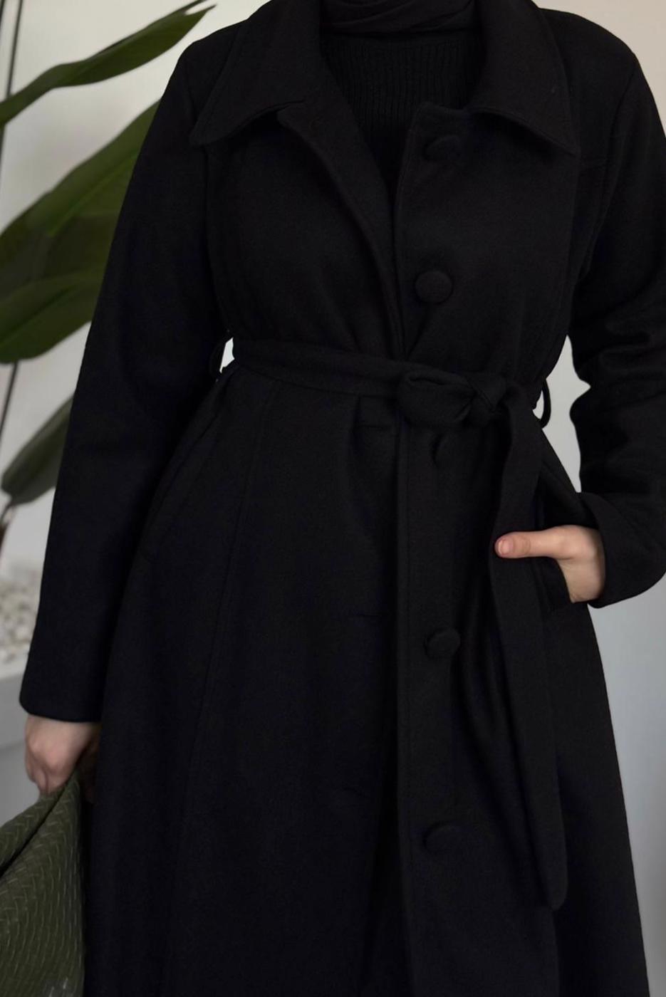 Tesettür giyim SİYAH KUŞAKLI KABAN T 6326