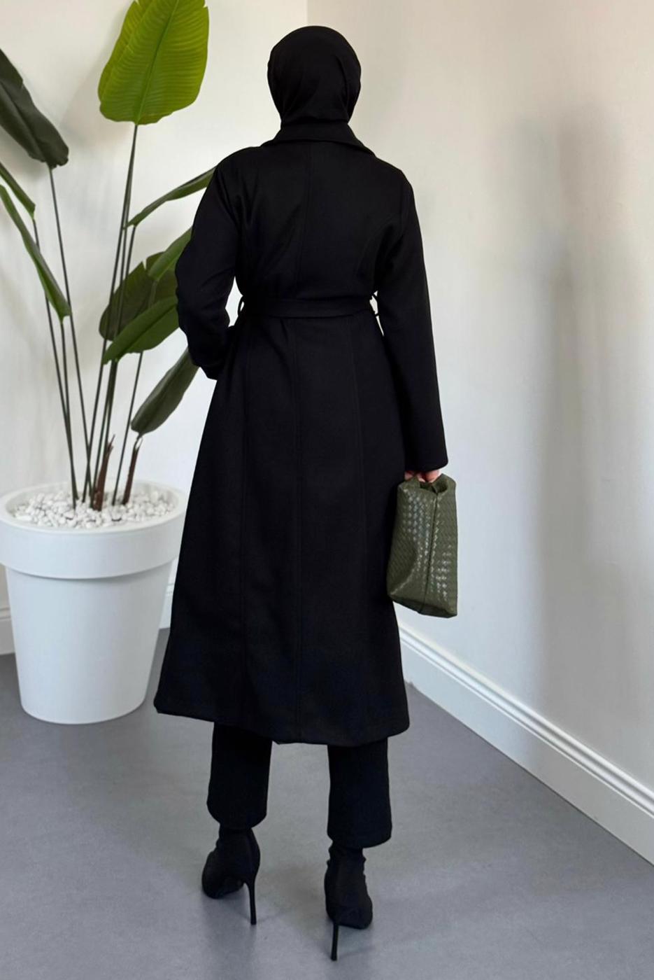 Tesettür giyim SİYAH KUŞAKLI KABAN T 6326