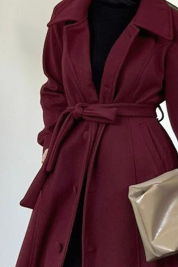 Tesettür giyim BORDO KUŞAKLI KABAN T 6326 - TRENDTESETTÜR