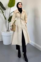 Tesettür giyim BEJ KUŞAKLI KABAN T 6326