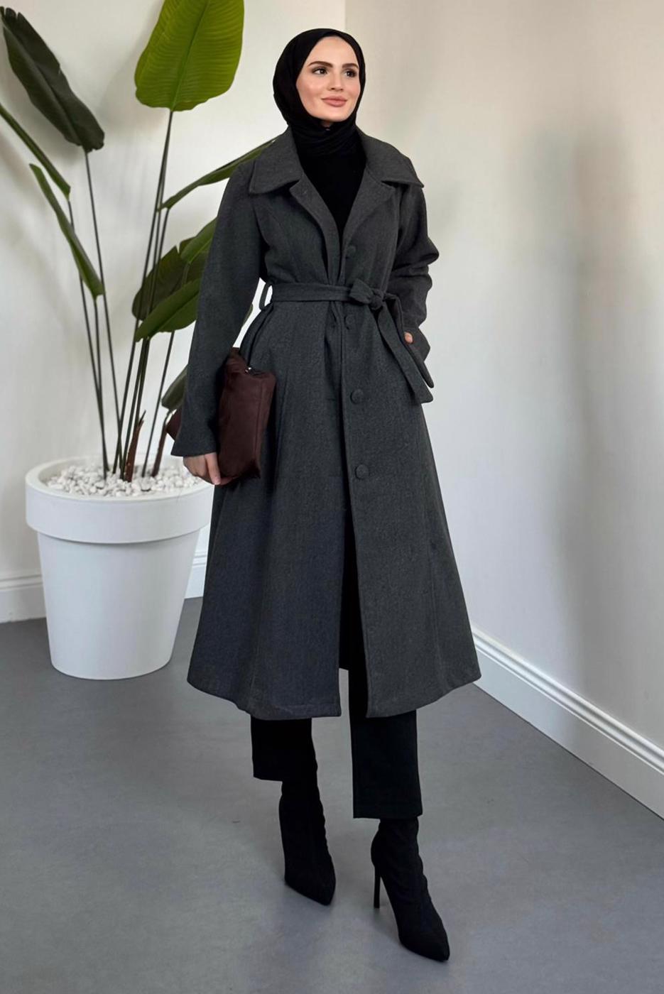 Tesettür giyim GRİ KUŞAKLI KABAN T 6326