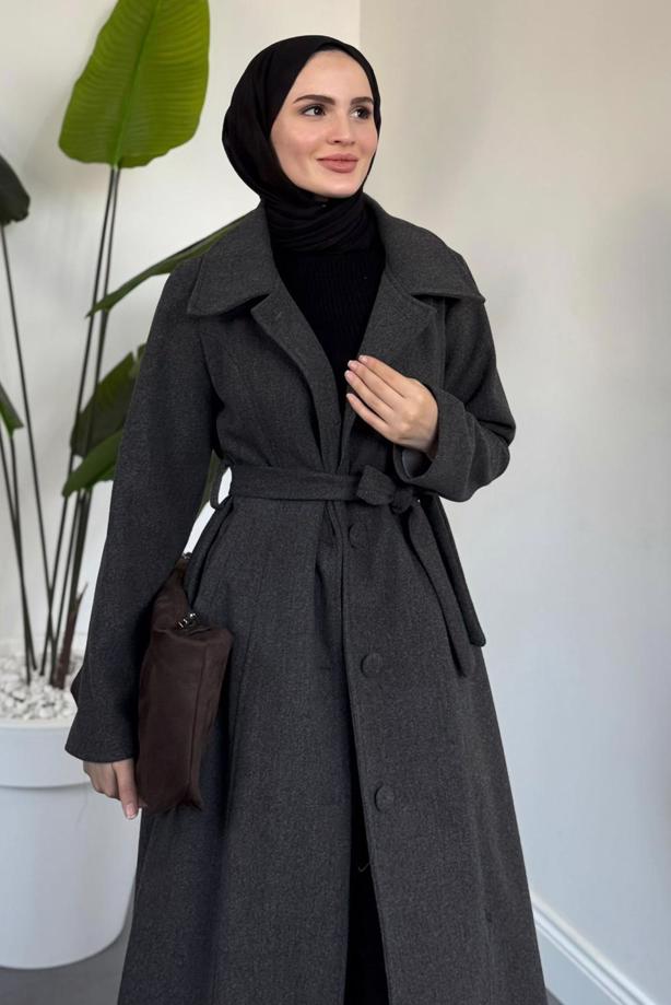 Tesettür giyim GRİ KUŞAKLI KABAN T 6326 - TRENDTESETTÜR