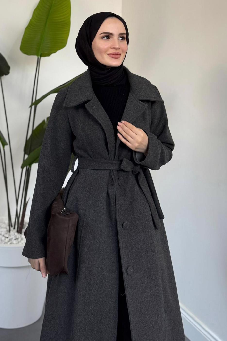 Tesettür giyim GRİ KUŞAKLI KABAN T 6326