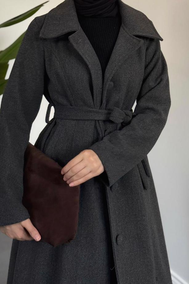 Tesettür giyim GRİ KUŞAKLI KABAN T 6326 - TRENDTESETTÜR