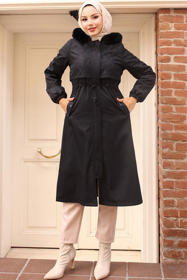 Hijab clothing BLACK HOODED COAT T 7801 - TRENDTESETTÜR