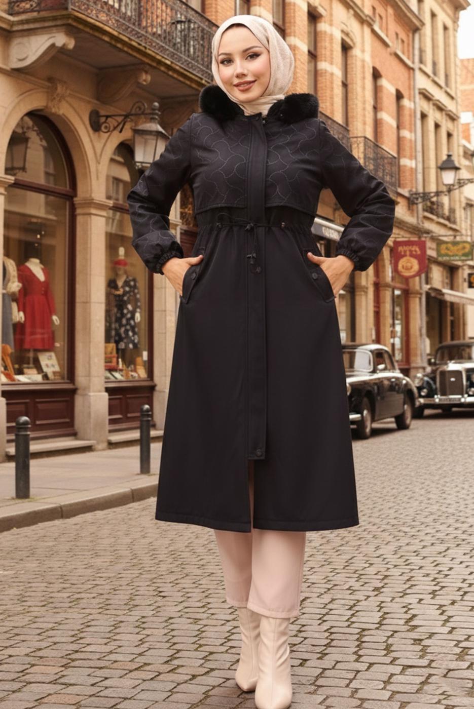 Tesettür giyim SİYAH KAPÜŞONLU KABAN T 7801