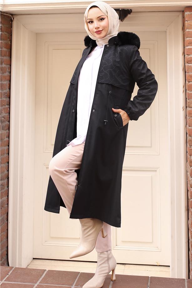 Hijab clothing BLACK HOODED COAT T 7801 - TRENDTESETTÜR