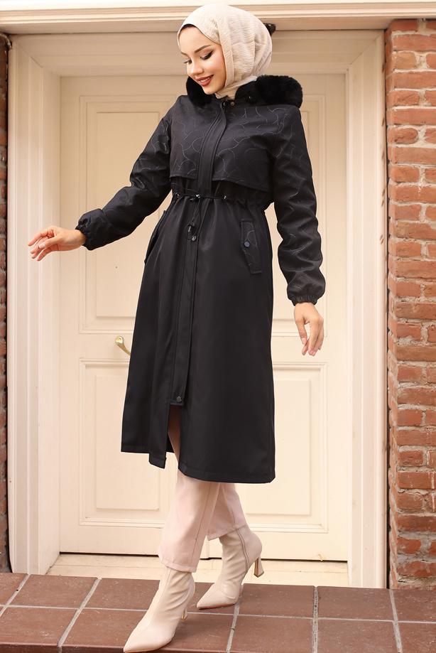 Hijab clothing BLACK HOODED COAT T 7801 - TRENDTESETTÜR
