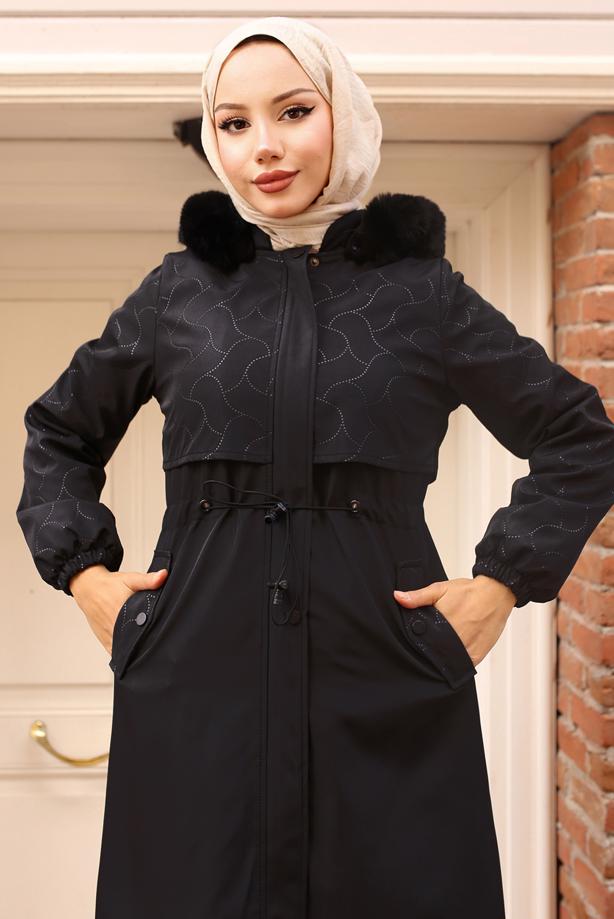 Hijab clothing BLACK HOODED COAT T 7801 - TRENDTESETTÜR
