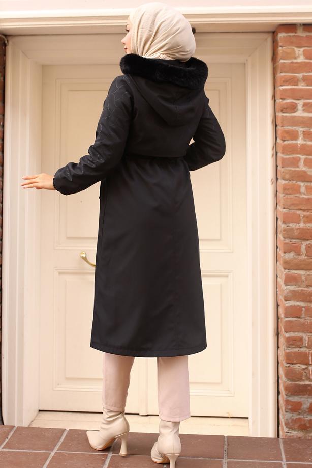 Hijab clothing BLACK HOODED COAT T 7801 - TRENDTESETTÜR