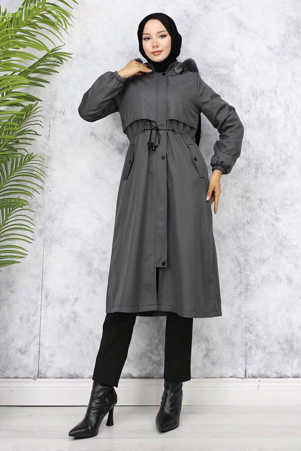 Hijab clothing GREY HOODED COAT T 7801 - TRENDTESETTÜR