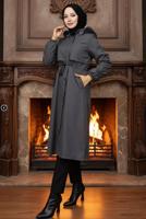 Tesettür giyim GRİ KAPÜŞONLU KABAN T 7801