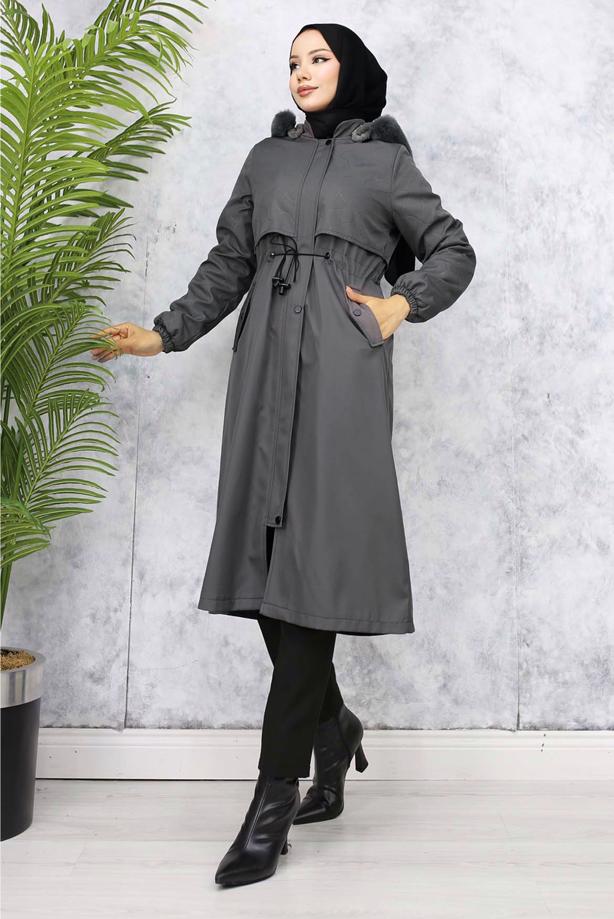 Hijab clothing GREY HOODED COAT T 7801 - TRENDTESETTÜR