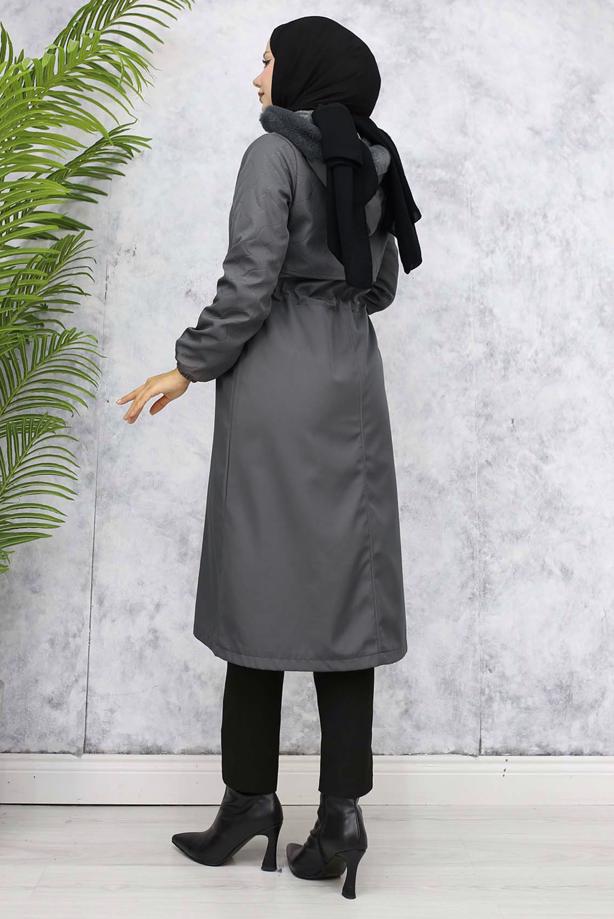 Hijab clothing GREY HOODED COAT T 7801 - TRENDTESETTÜR