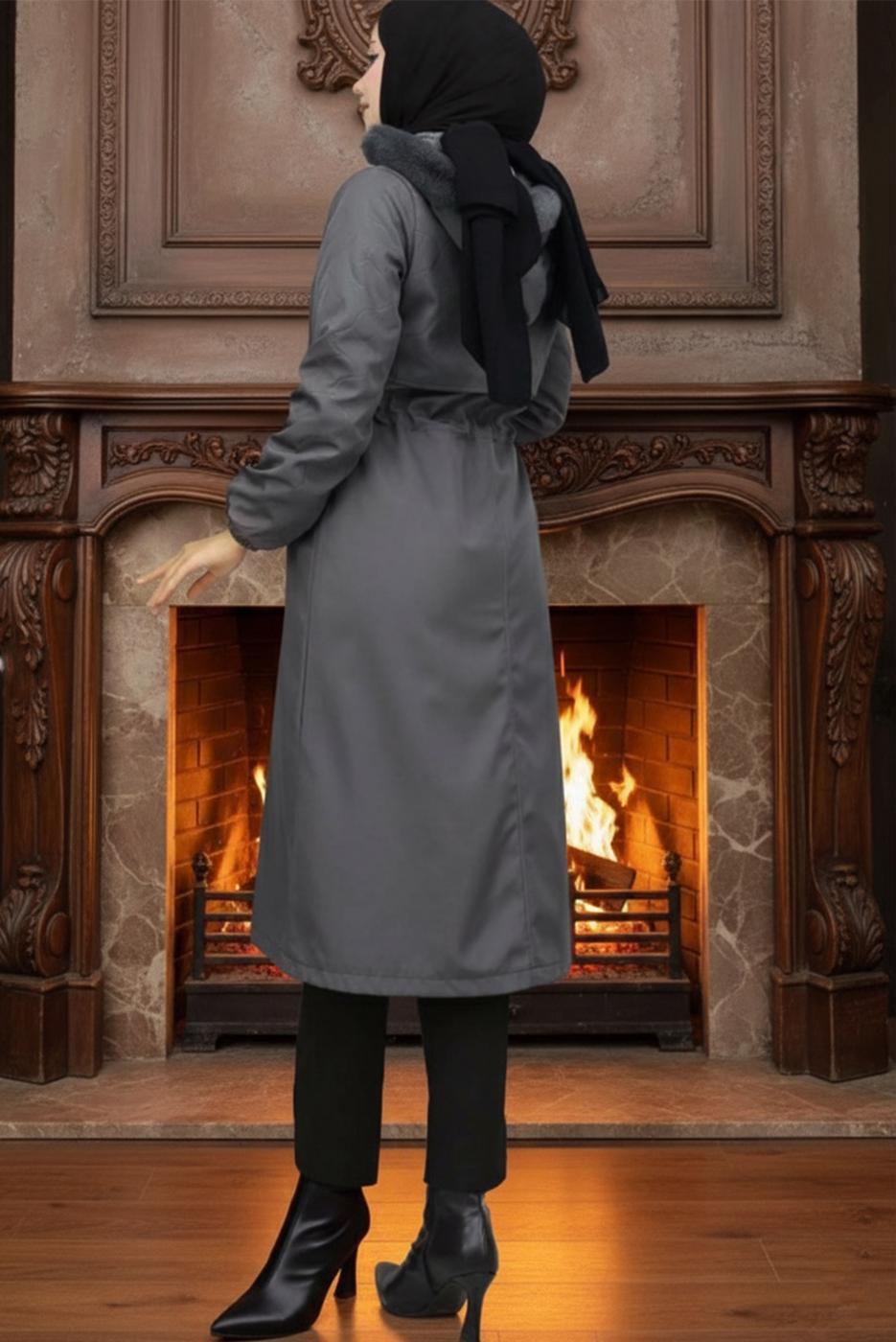 Tesettür giyim GRİ KAPÜŞONLU KABAN T 7801