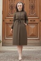 Tesettür giyim HAKİ KAPÜŞONLU KABAN T 7801