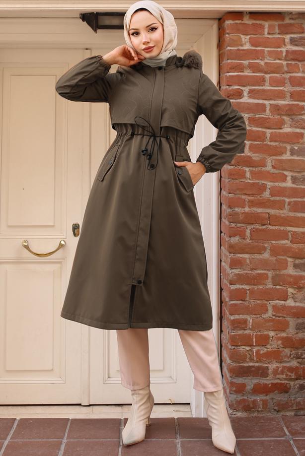 Hijab clothing KHAKI HOODED COAT T 7801 - TRENDTESETTÜR