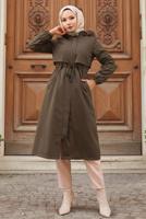 Tesettür giyim HAKİ KAPÜŞONLU KABAN T 7801