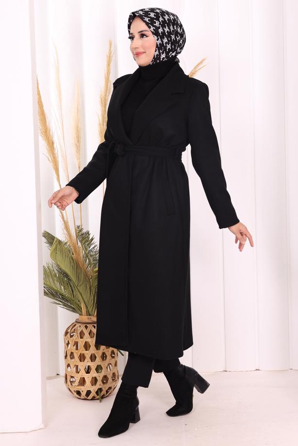 Tesettür giyim SİYAH KUŞAKLI KABAN T 96007 - TRENDTESETTÜR