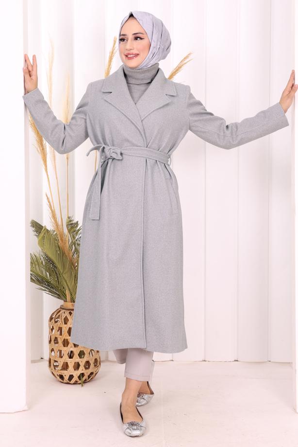 Tesettür giyim GRİ KUŞAKLI KABAN T 96007 - TRENDTESETTÜR