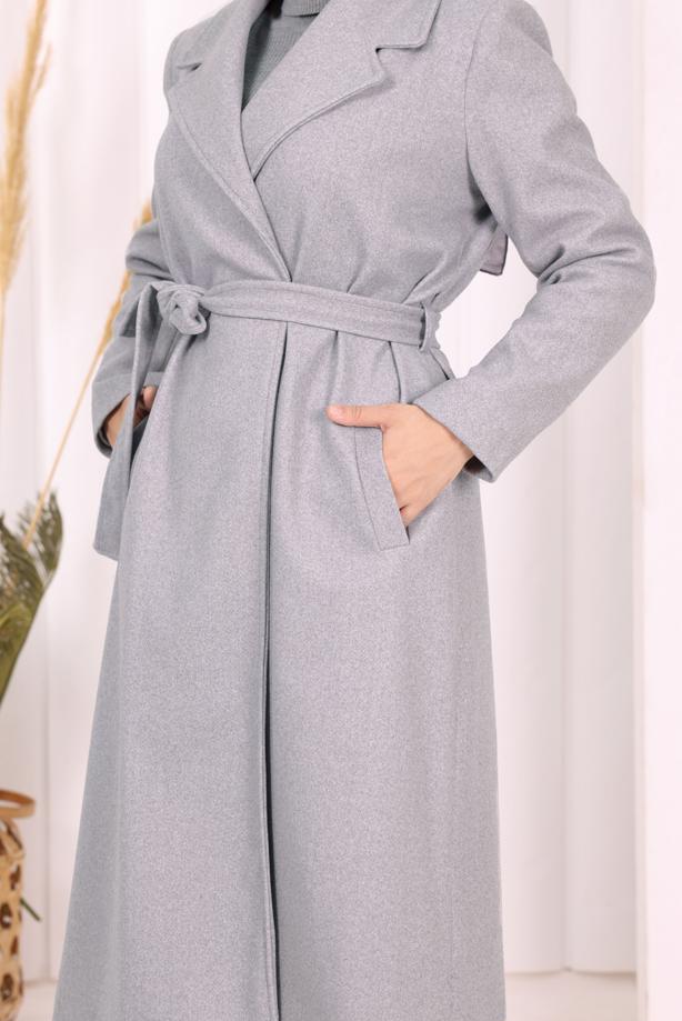 Tesettür giyim GRİ KUŞAKLI KABAN T 96007 - TRENDTESETTÜR