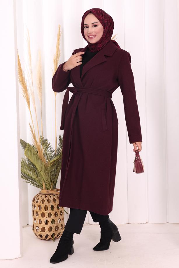 Tesettür giyim BORDO KUŞAKLI KABAN T 96007 - TRENDTESETTÜR