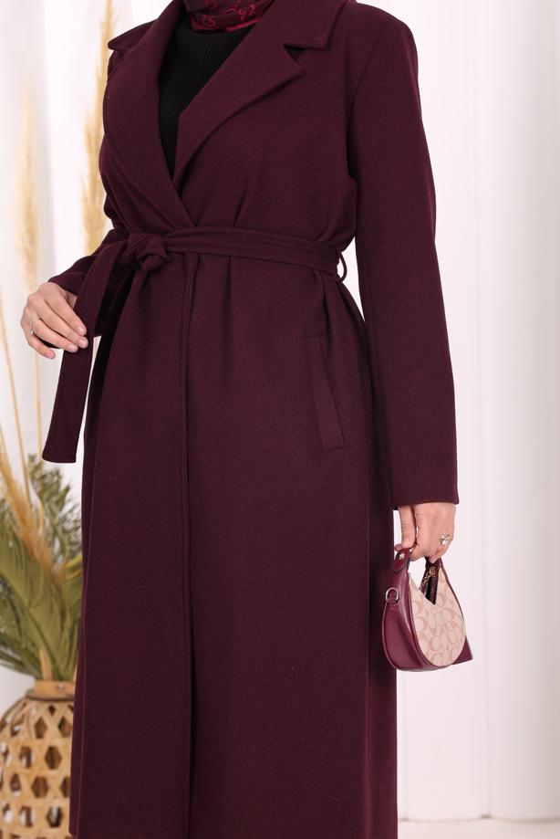 Tesettür giyim BORDO KUŞAKLI KABAN T 96007 - TRENDTESETTÜR
