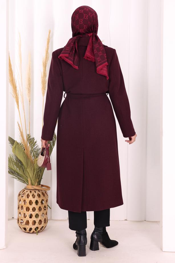 Tesettür giyim BORDO KUŞAKLI KABAN T 96007 - TRENDTESETTÜR