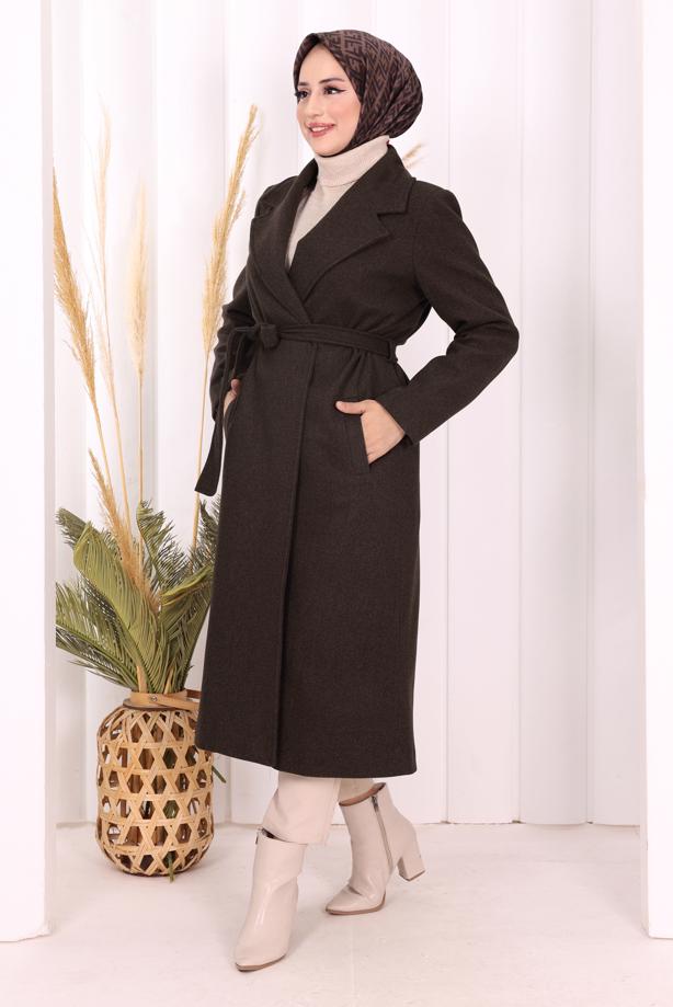 Tesettür giyim KAHVE KUŞAKLI KABAN T 96007 - TRENDTESETTÜR
