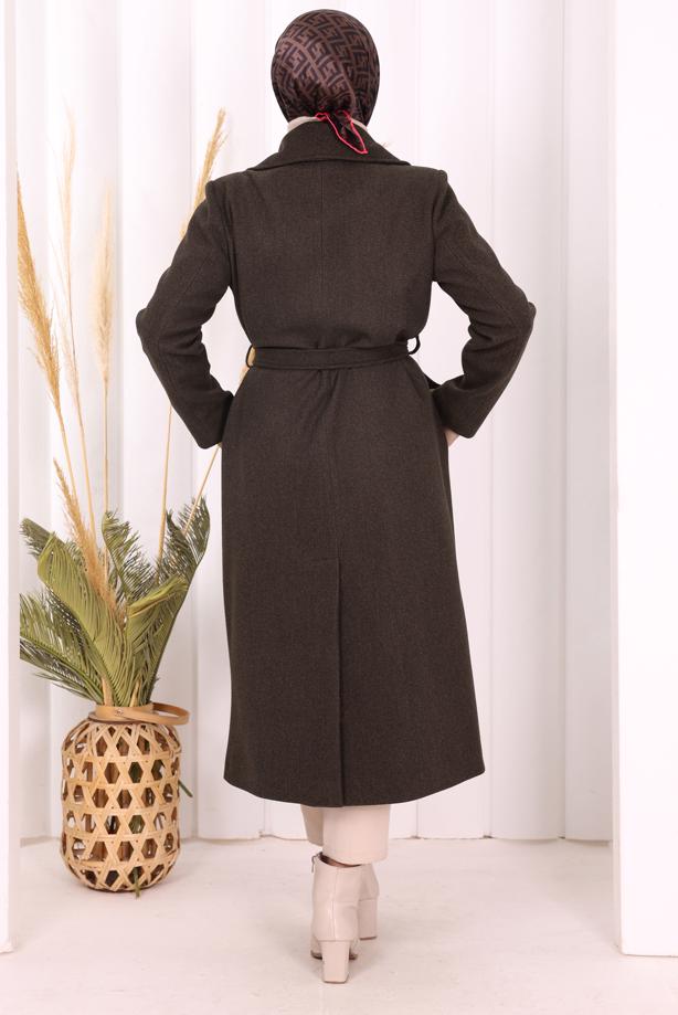 Tesettür giyim KAHVE KUŞAKLI KABAN T 96007 - TRENDTESETTÜR