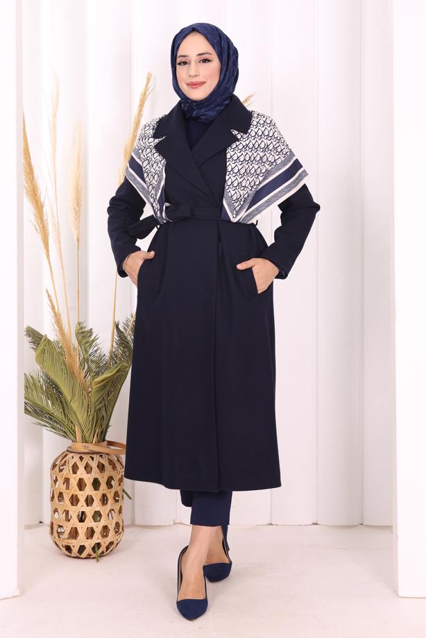 Tesettür giyim LACİVERT KUŞAKLI KABAN T 96007 - TRENDTESETTÜR