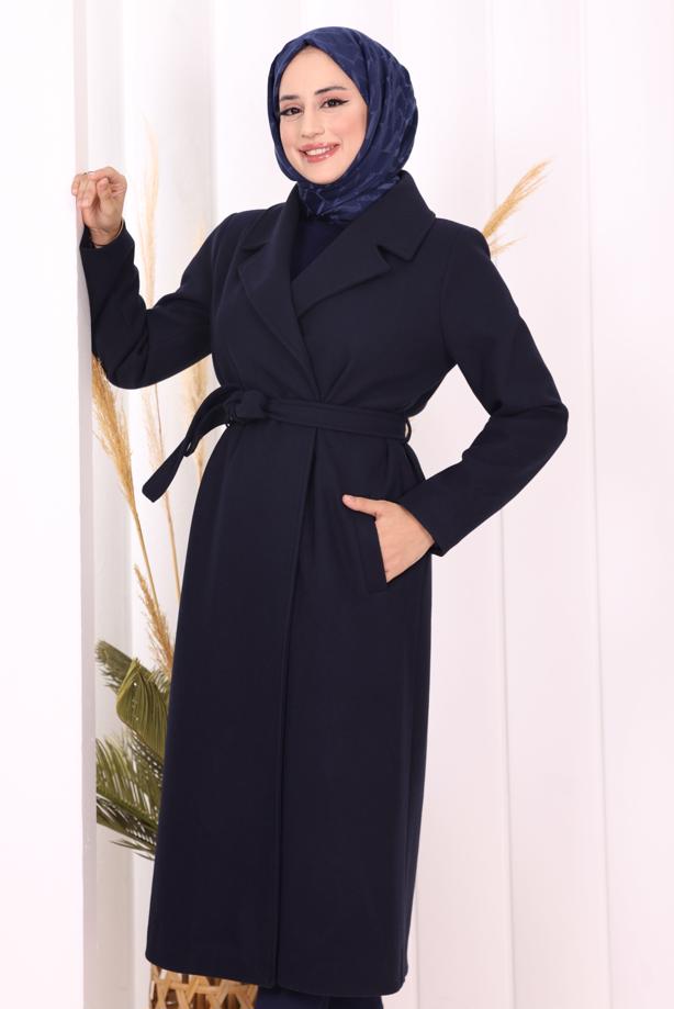 Tesettür giyim LACİVERT KUŞAKLI KABAN T 96007 - TRENDTESETTÜR