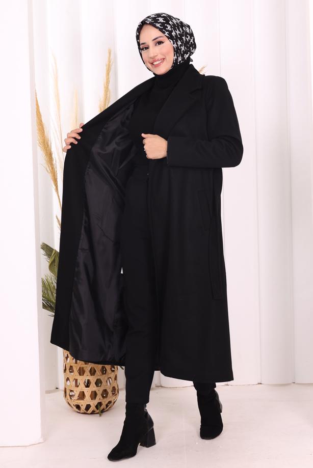 Tesettür giyim SİYAH KUŞAKLI KABAN T 96007-1 - TRENDTESETTÜR