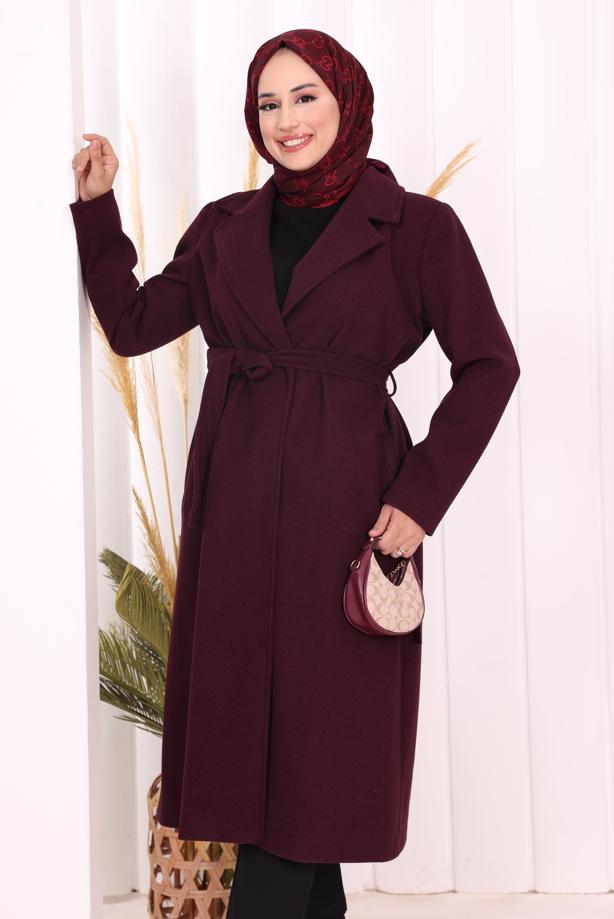 Tesettür giyim BORDO KUŞAKLI KABAN T 96007-1 - TRENDTESETTÜR