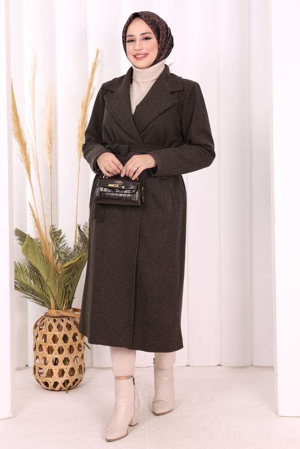 Tesettür giyim KAHVE KUŞAKLI KABAN T 96007-1 - TRENDTESETTÜR
