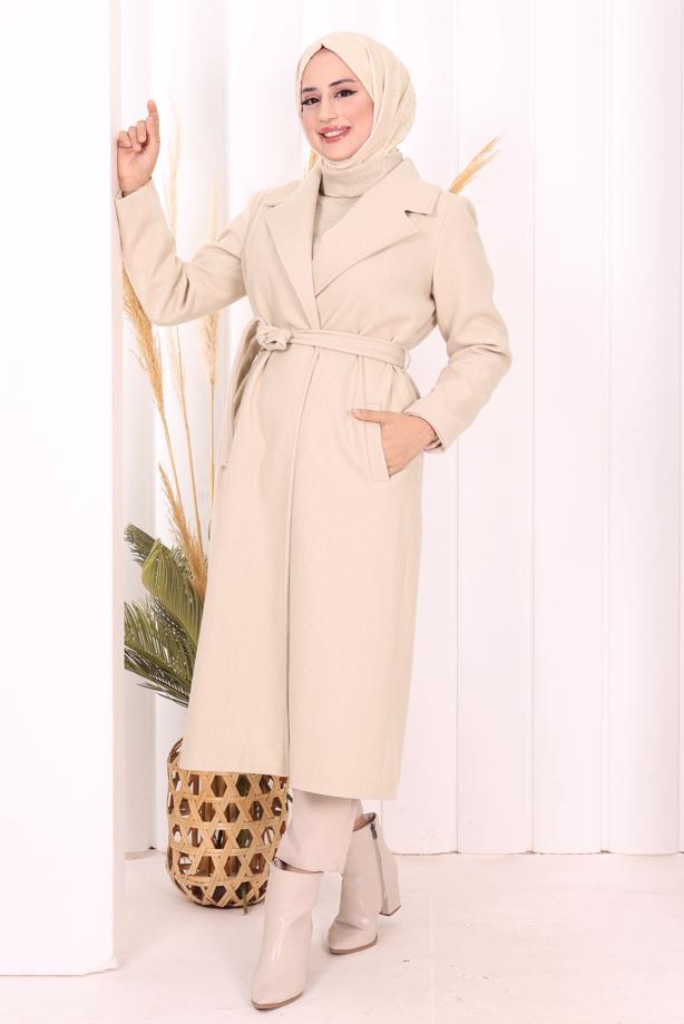 Tesettür giyim BEJ KUŞAKLI KABAN T 96007-1 - TRENDTESETTÜR
